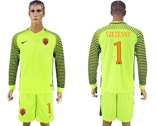 Roma #1 Szczesny Shiny Green Goalkeeper Long Sleeves Soccer Club Jersey